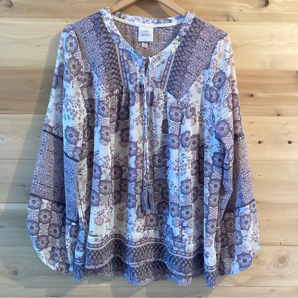 Knox Rose purple patterned boho sheer blouse
